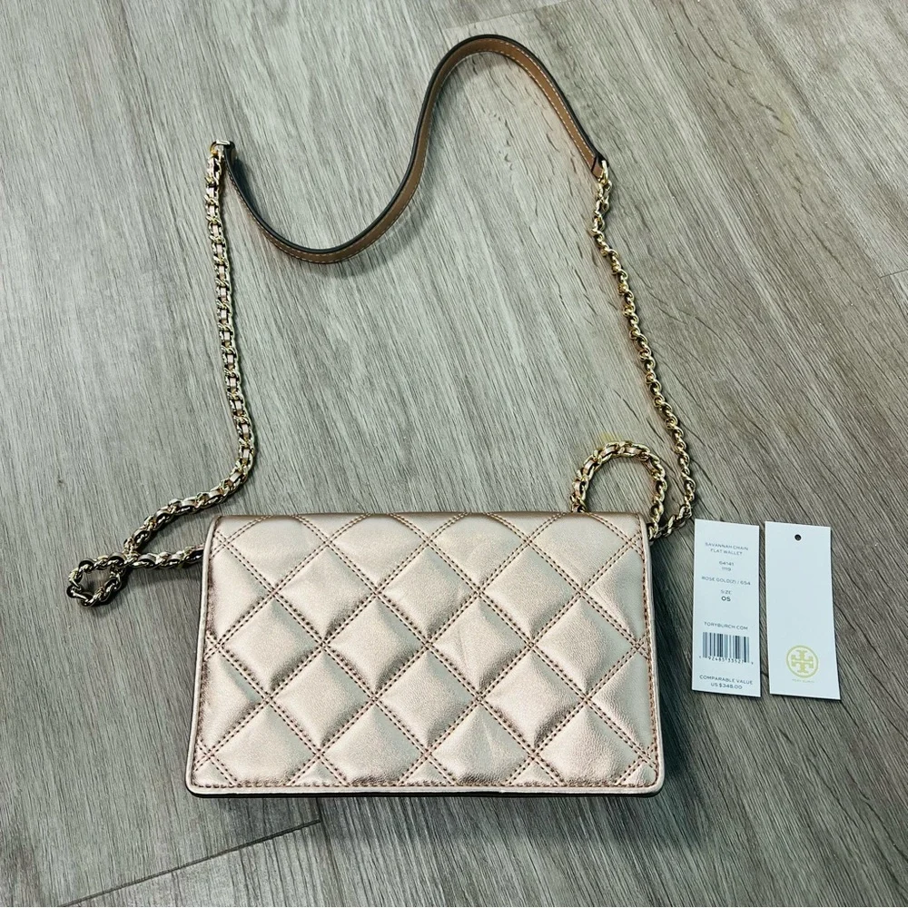 Tory Burch Savannah Chain Flat Wallet Rose Gold Crossbody Bag - Picture 5 of 11